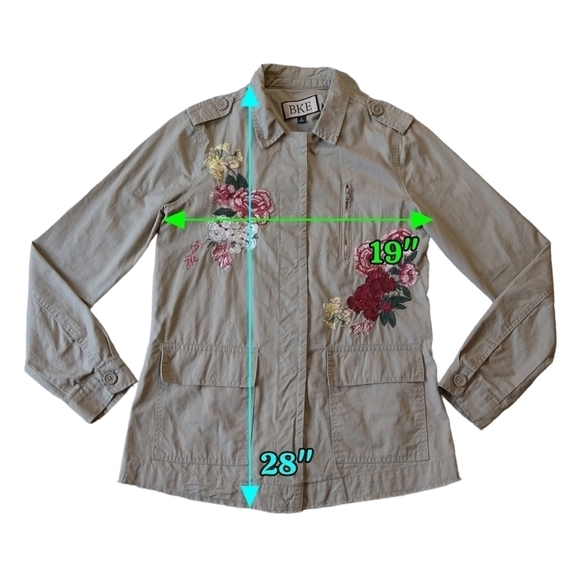 BKE 100% Cotton Khaki Floral Embroidered Lightweight Utility Jacket Boho - Picture 3 of 9